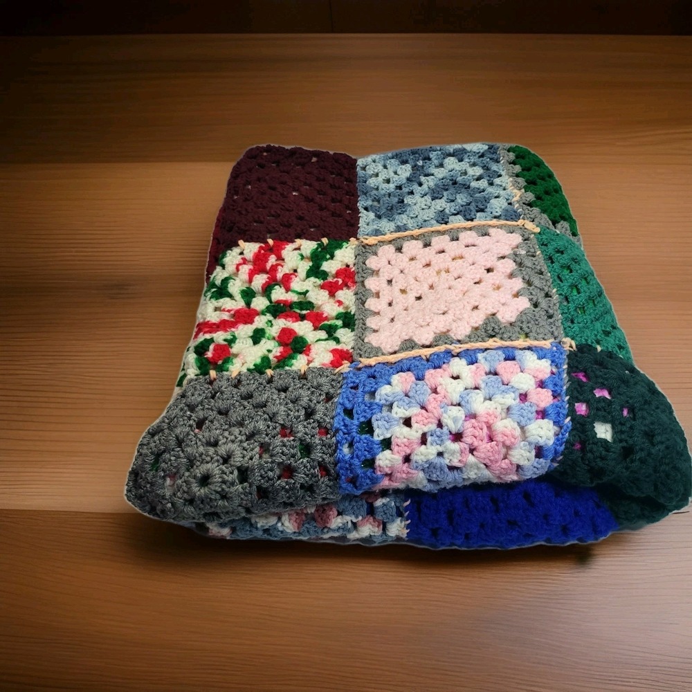 Granny‎ Square Vintage Afghan Hand Crochet Multi-Color Blanket 72"x63"